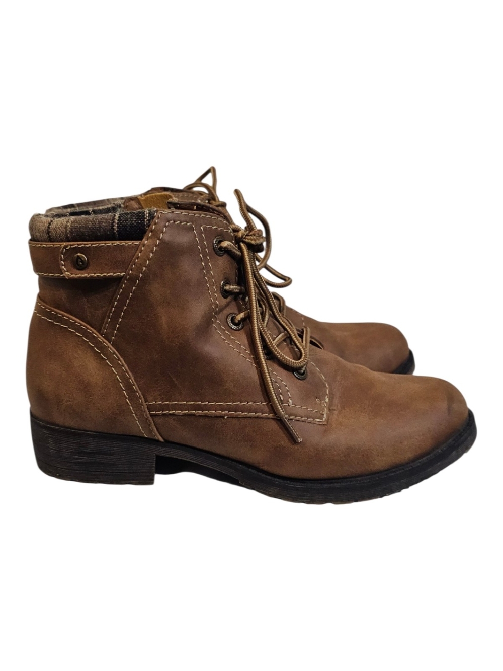 Sporto Lala Size 7 Ankle Boots Brown Plaid Knit Collar Side Zipper